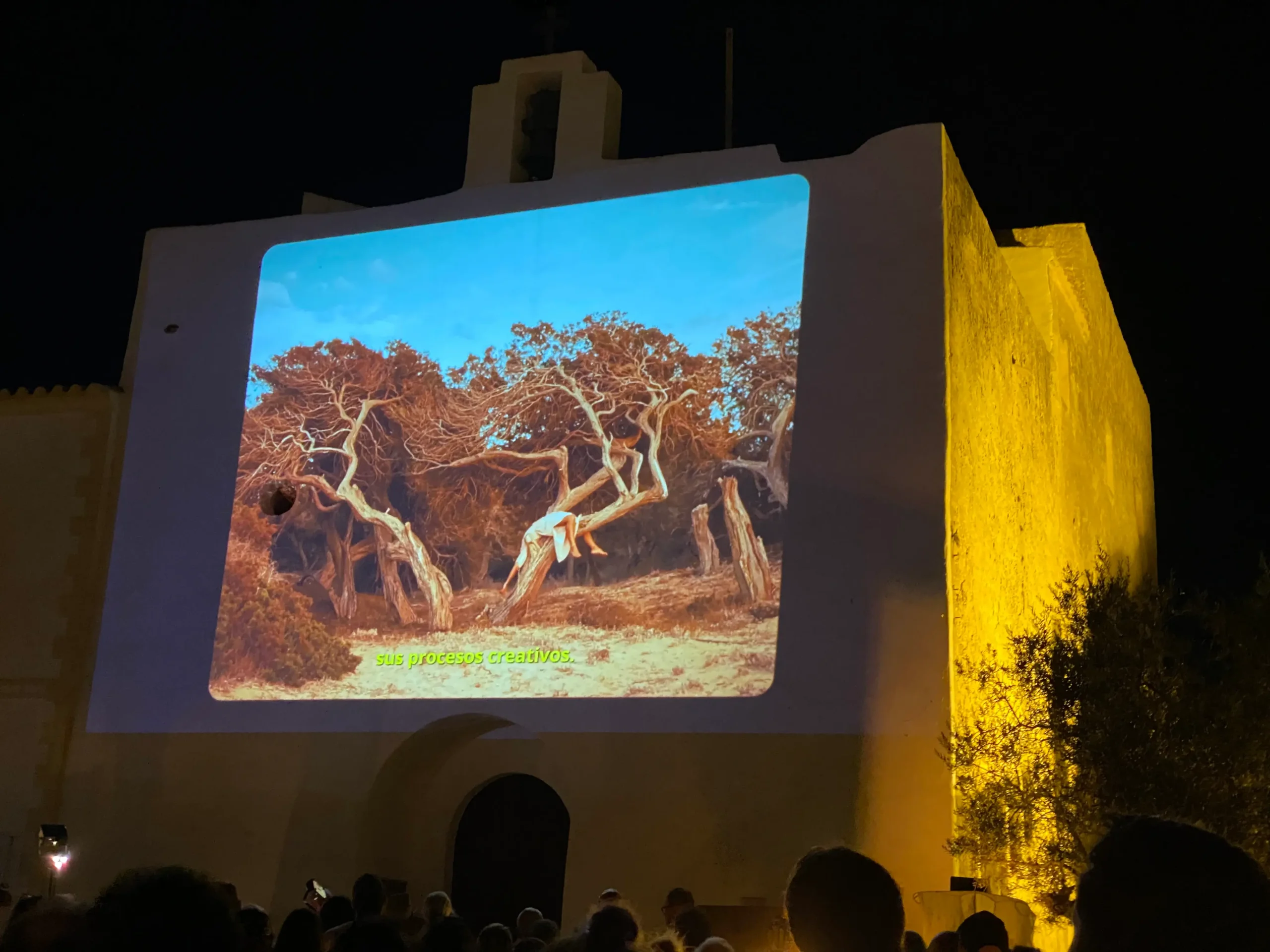 San Francesc Church at night with video art projection during La Plural – Nit d’art 2024 at Sant Francesc Square, Formentera
